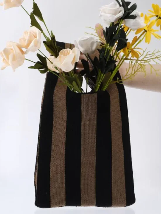 Reusable Vertical Stripes Tote - Black Khaki - Picture 4 of 8